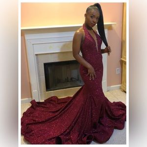 Jovani Gown Dress- Wine burgundy, Open Back, Halter Top with V-Neckline